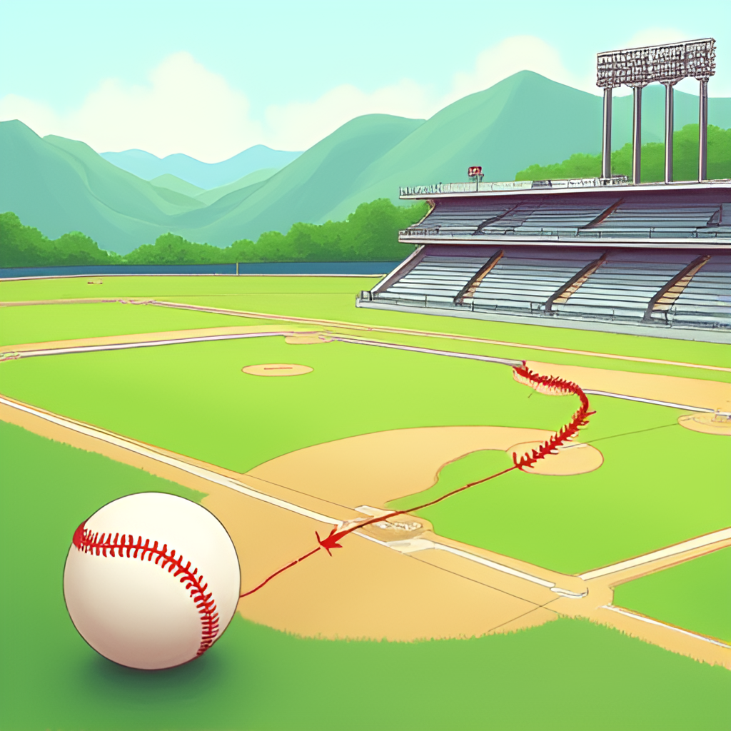 An illustrative image showing the journey of a baseball from a baseball field in Taiwan (represented by a tropical, green field) to a baseball field in Japan (represented by a more urban stadium). A baseball with a trail visually connects the two locations, symbolizing Gulin Ruei-Yang's transition. Style: Artistic illustration with subtle color gradients.