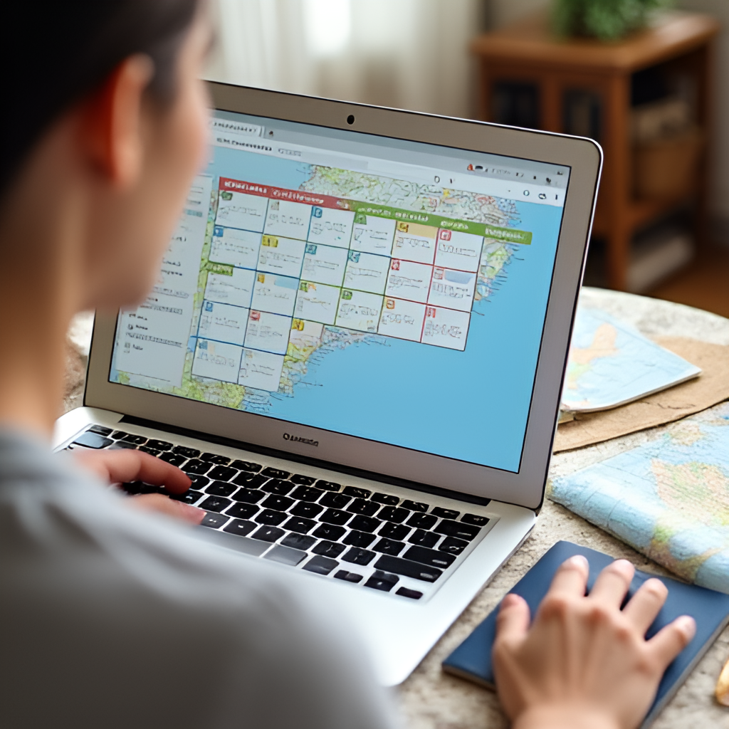 A person happily planning trips on a laptop with a calendar open, surrounded by travel-related items like a passport, map, and camera.