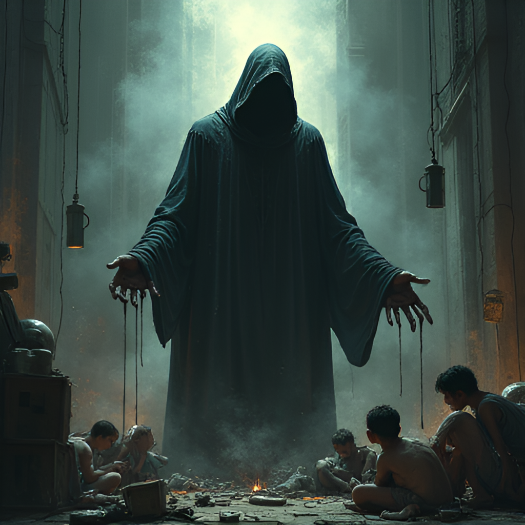 A dark, atmospheric illustration depicting a shadowy figure representing Death, subtly manipulating everyday objects in a Rube Goldberg-like fashion, overlooking panicked individuals.
