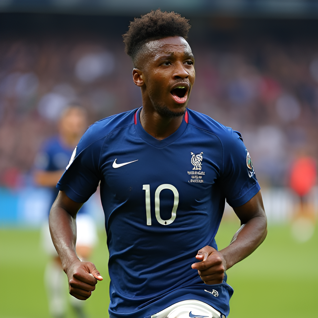 A close-up shot of a famous French football player like Kylian Mbappé or a rising young star from Ligue 1, celebrating a goal or performing a skillful move on the field.
