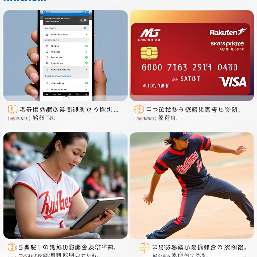 A vibrant photo collage showcasing different aspects of Rakuten in Taiwan: a screenshot of the Rakuten Ichiba app, a Rakuten credit card, a person reading on a Kobo e-reader, and a dynamic photo of the Rakuten Monkeys baseball team playing.