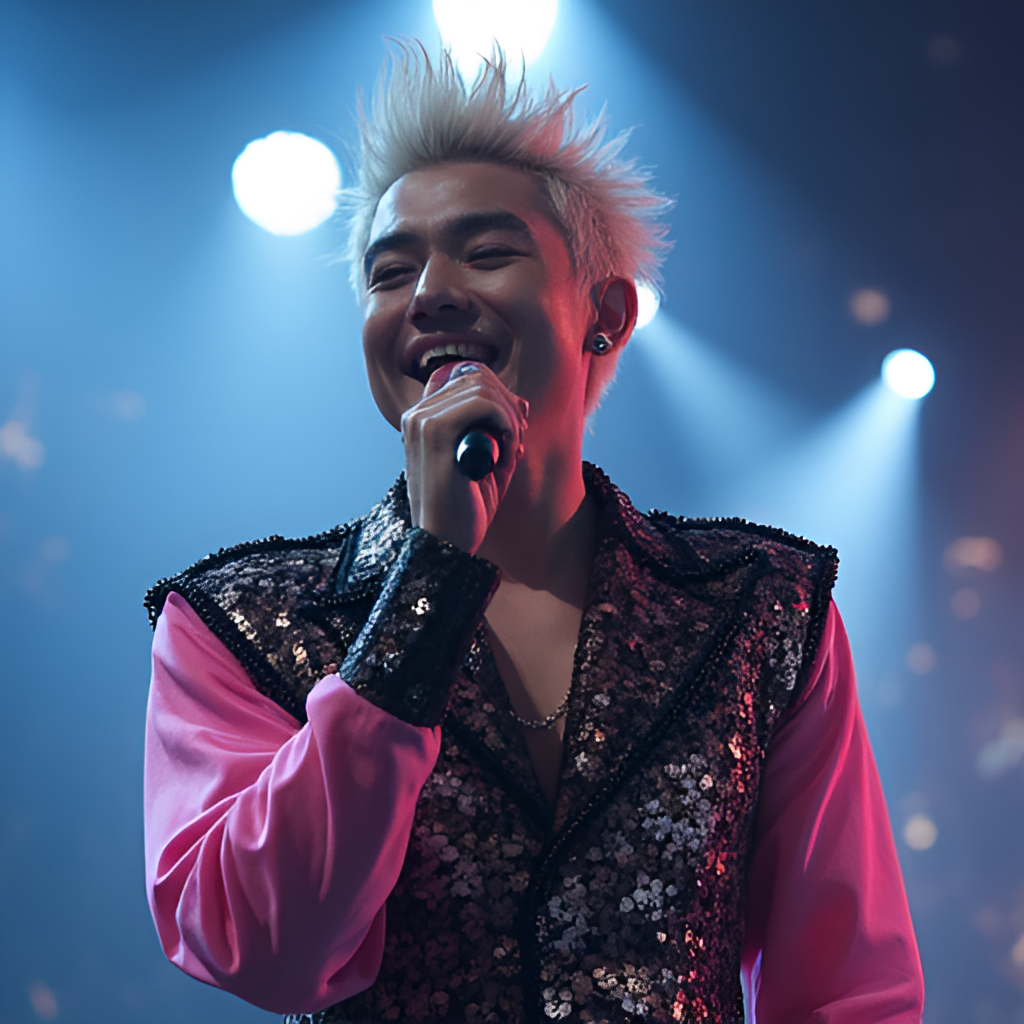A close-up shot of G-Dragon performing on stage, showing his charismatic expression and unique stage outfit, with bright spotlights on him.