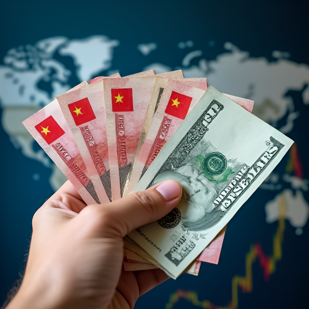 A close-up shot of a hand holding stacks of Chinese Yuan banknotes and US Dollar banknotes, symbolizing the act of currency exchange and the two currencies side-by-side, perhaps with a world map or financial data in the blurred background.