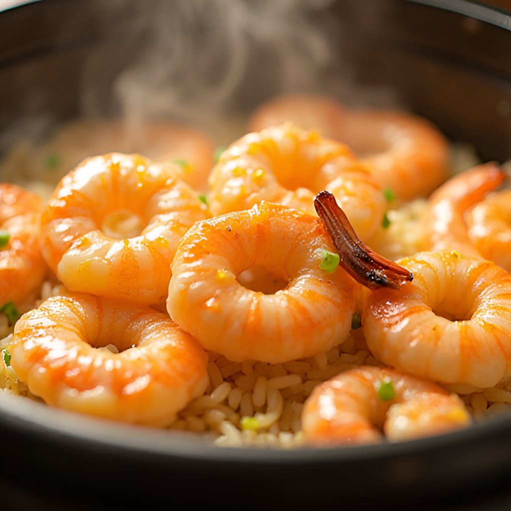A close-up shot of the signature Stone Pot Garlic Shrimp Rice at Carbonzuo, showing the rice, shrimp, and garlic sizzling in a hot stone pot.