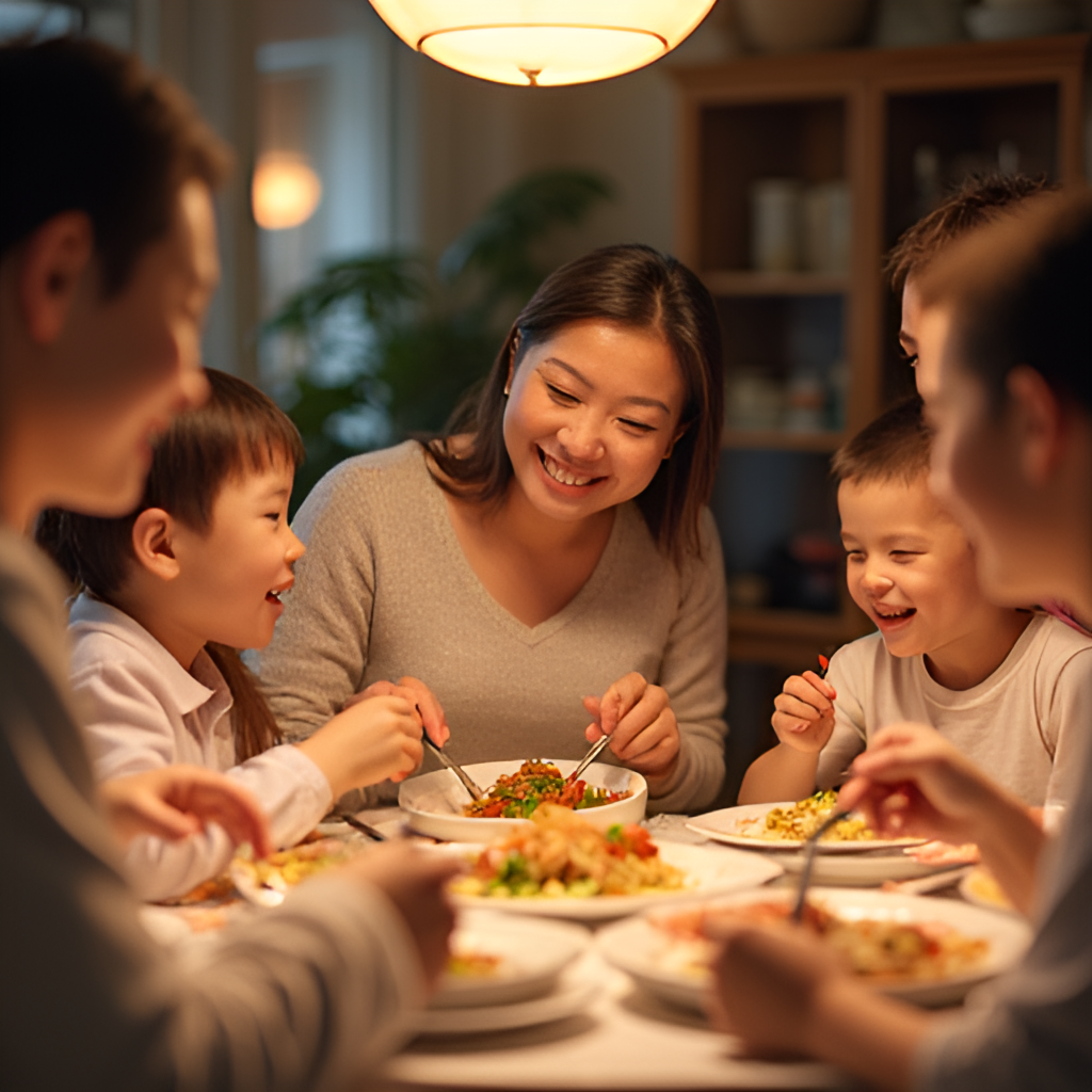 A warm family gathered around a dining table, enjoying a delicious meal together for Mother's Day celebration in Taiwan, with smiles and laughter.