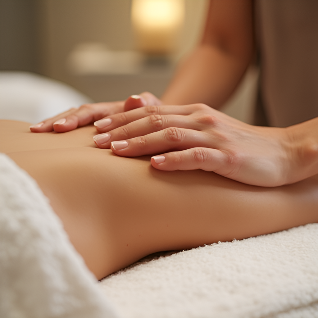 A close-up shot of a mother receiving a relaxing hand massage during a spa treatment, with soft lighting and a sense of tranquility.
