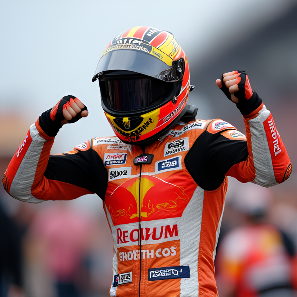 A close-up, dynamic photo of a MotoGP rider celebrating a win, perhaps raising a fist or waving to the crowd, with their helmet on.