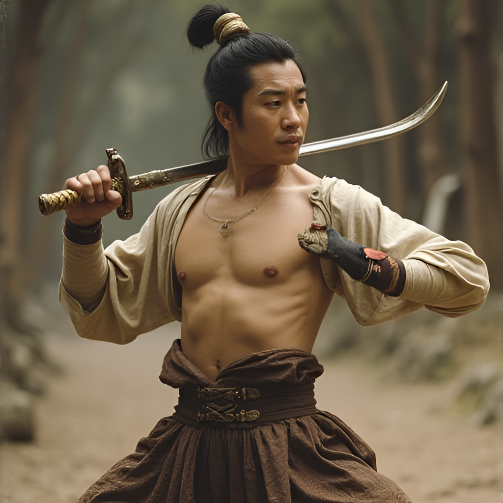 A vintage promotional still of Jimmy Wang Yu as the One-Armed Swordsman, holding his broken sword in a classic martial arts pose.