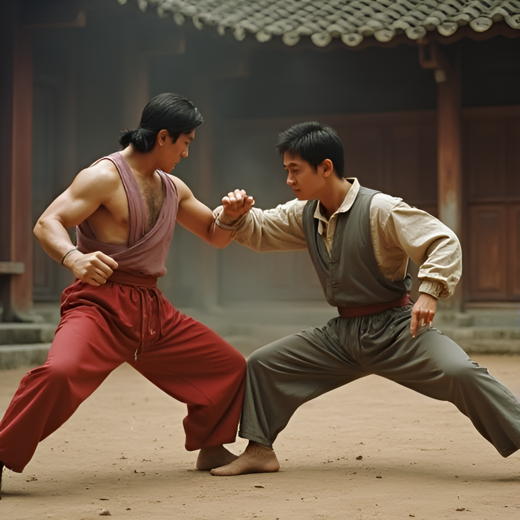 A scene from the movie 'Dragon Gate Fighter' ('龍虎鬥'), showing Jimmy Wang Yu performing a dynamic martial arts move against an opponent, in a classic 1970s kung fu film style.