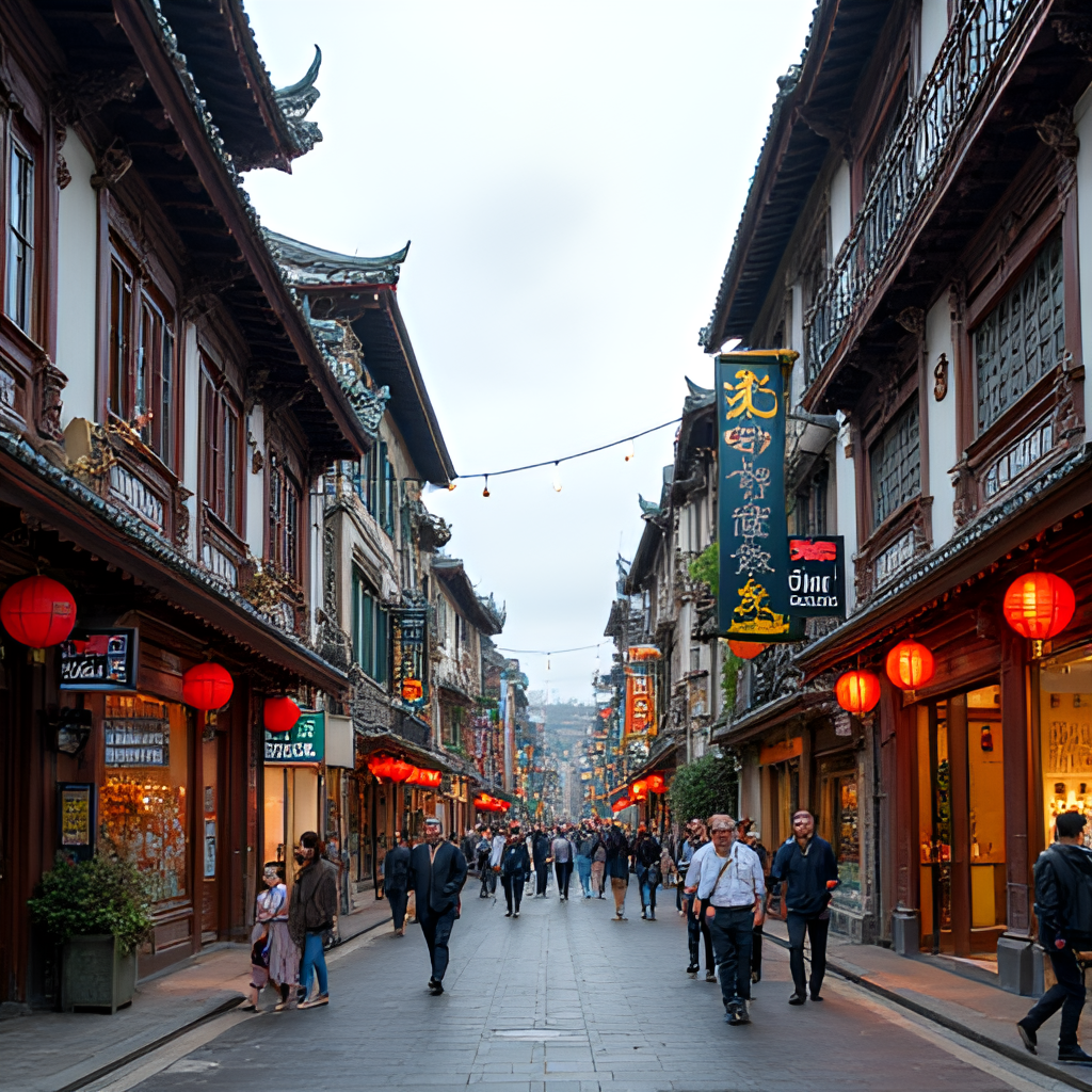 A vibrant street view of Dihua Street in Dadaocheng, Taipei, showing traditional buildings with ornate Baroque-style facades mixed with modern shop signs, bustling with people during the daytime.