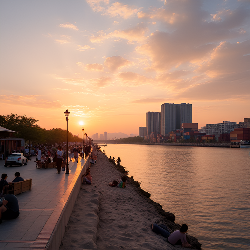A picturesque view of Dadaocheng Wharf at sunset, with the淡水河 (Tamsui River) reflecting the warm colors of the sky, and people relaxing at the riverside with modern cargo containers in the background.