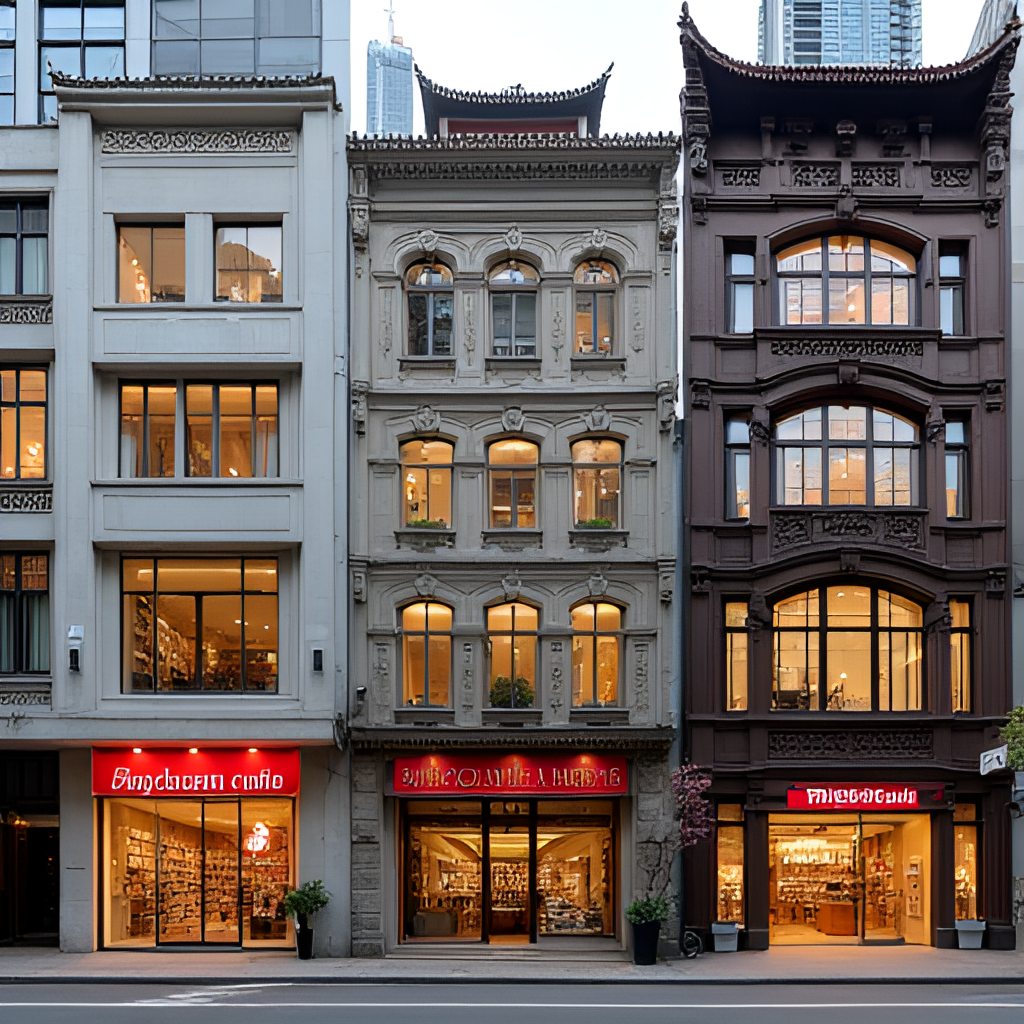 A photo collage showing iconic facades of different Sanlian Bookstore branches in Hong Kong, Beijing, and Shanghai, highlighting their architectural styles and cultural presence.