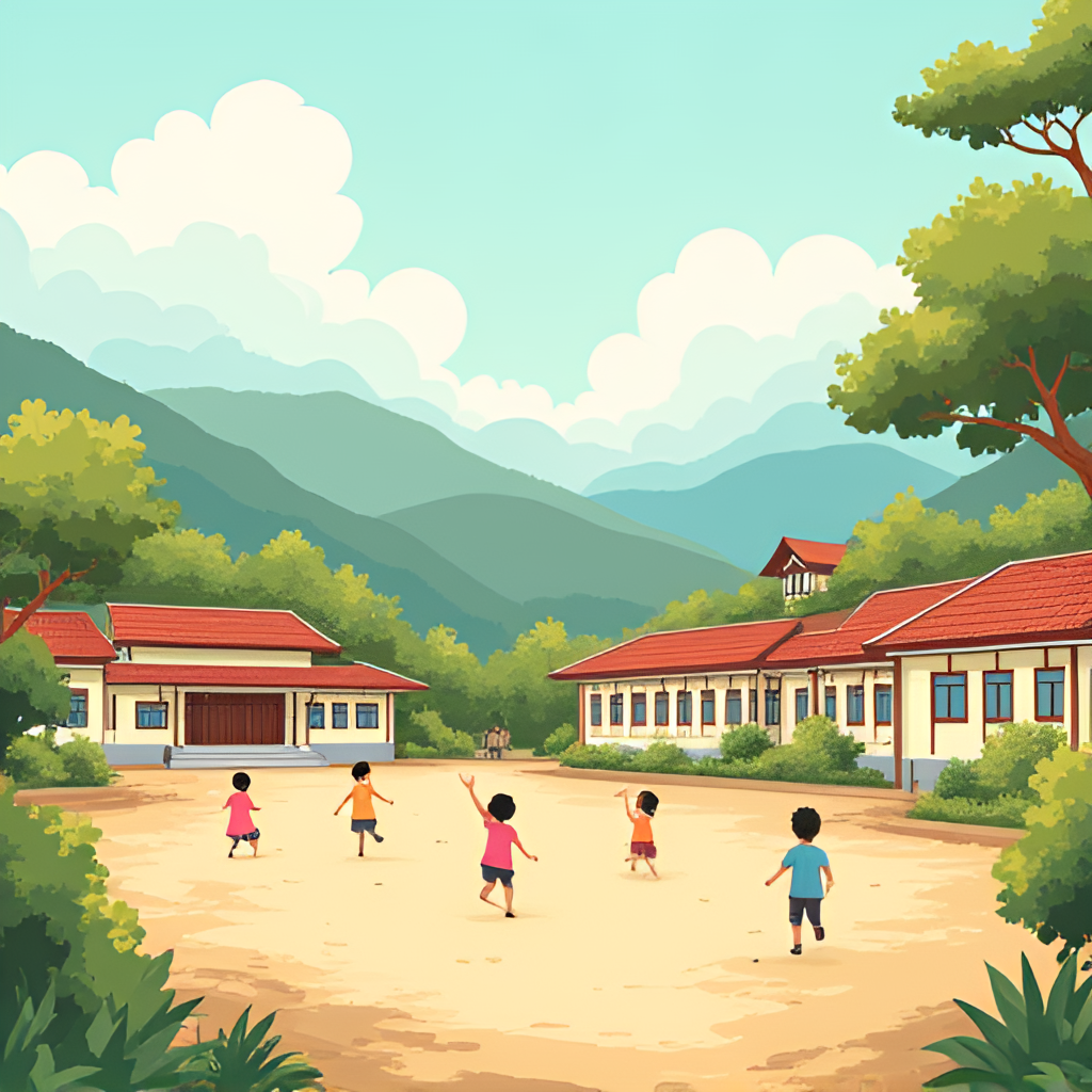 A warm and inviting illustration of a rural Taiwanese elementary school campus, perhaps with children playing, symbolizing 張能發's dedication to education.