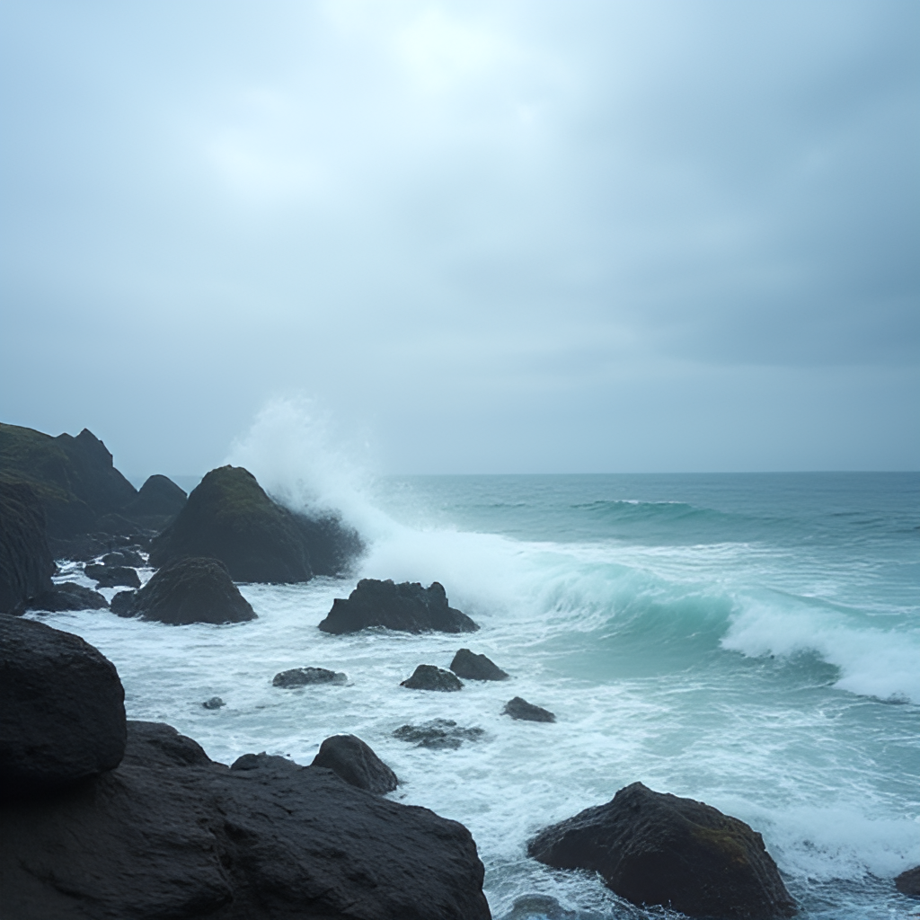 A serene yet powerful photograph of the coastal landscape near Dulan Nose in Taitung, Taiwan, with waves crashing against rocks under a vast sky, representing his passion for the sea and the inherent risks.