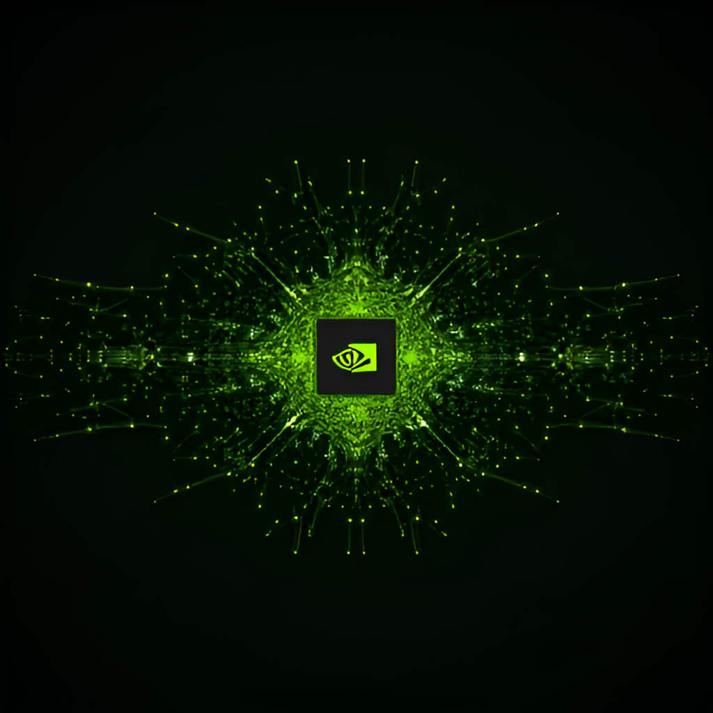 A visual representation of the CUDA platform, perhaps a stylized abstract network of interconnected nodes and lines, symbolizing accelerated computing and the flow of data, with the NVIDIA logo subtly integrated.