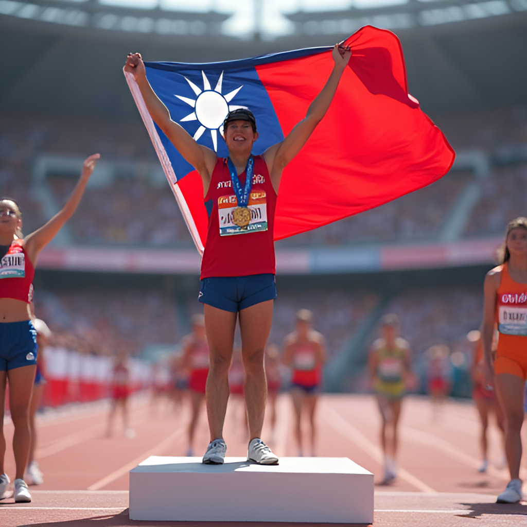 A photo-realistic image capturing a moment of triumph for a Taiwanese athlete receiving a medal on the podium at the Universiade, with the national flag in the background and cheering crowd