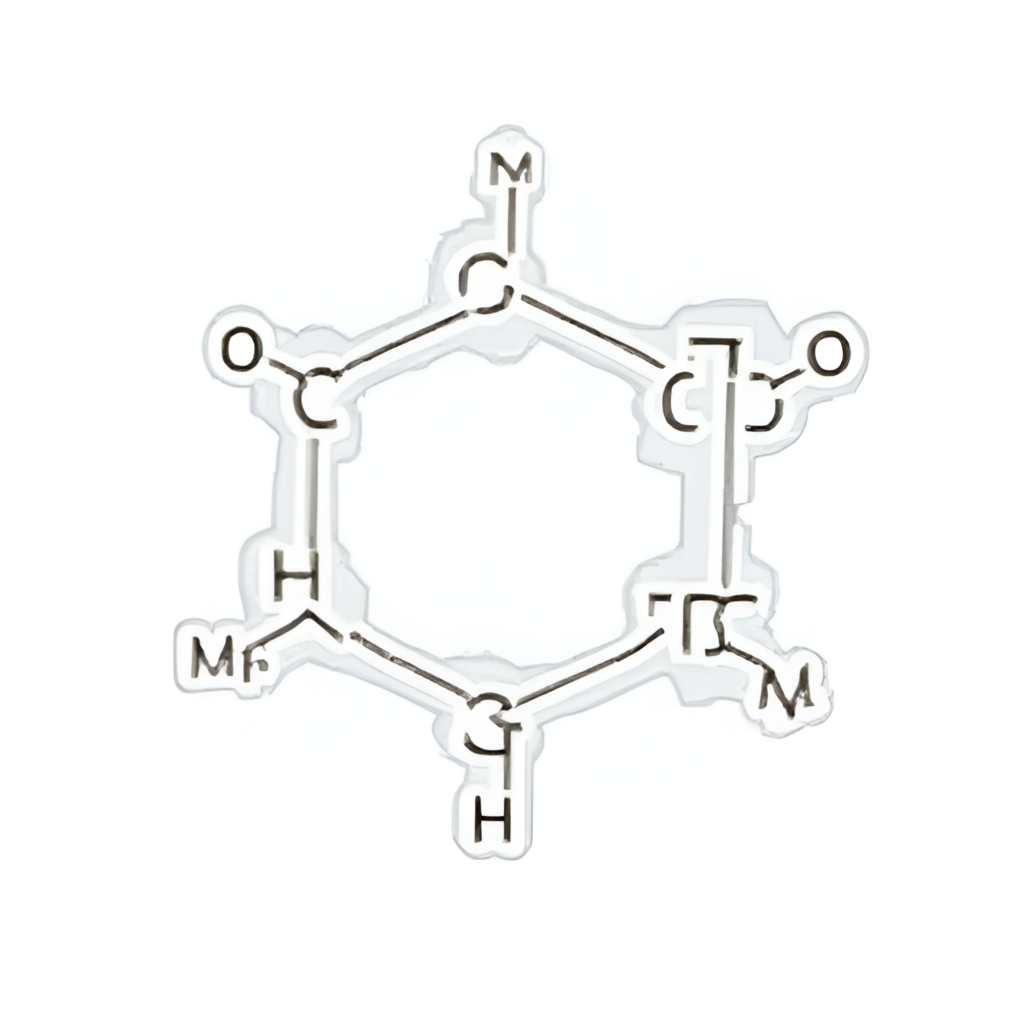 A detailed diagram illustrating the molecular structure of copolymer polyoxymethylene (POM-C), showing the repeating CH2O units interspersed with occasional comonomer units (e.g., from dioxolane), highlighting the structural difference compared to a simple homopolymer chain.