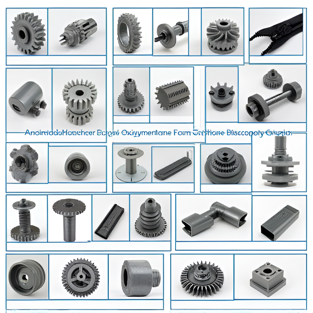 A composite image showcasing various everyday objects and industrial components made from copolymer polyoxymethylene, such as gears, zippers, automotive parts, and electronic connectors, demonstrating the material's versatility and widespread use.