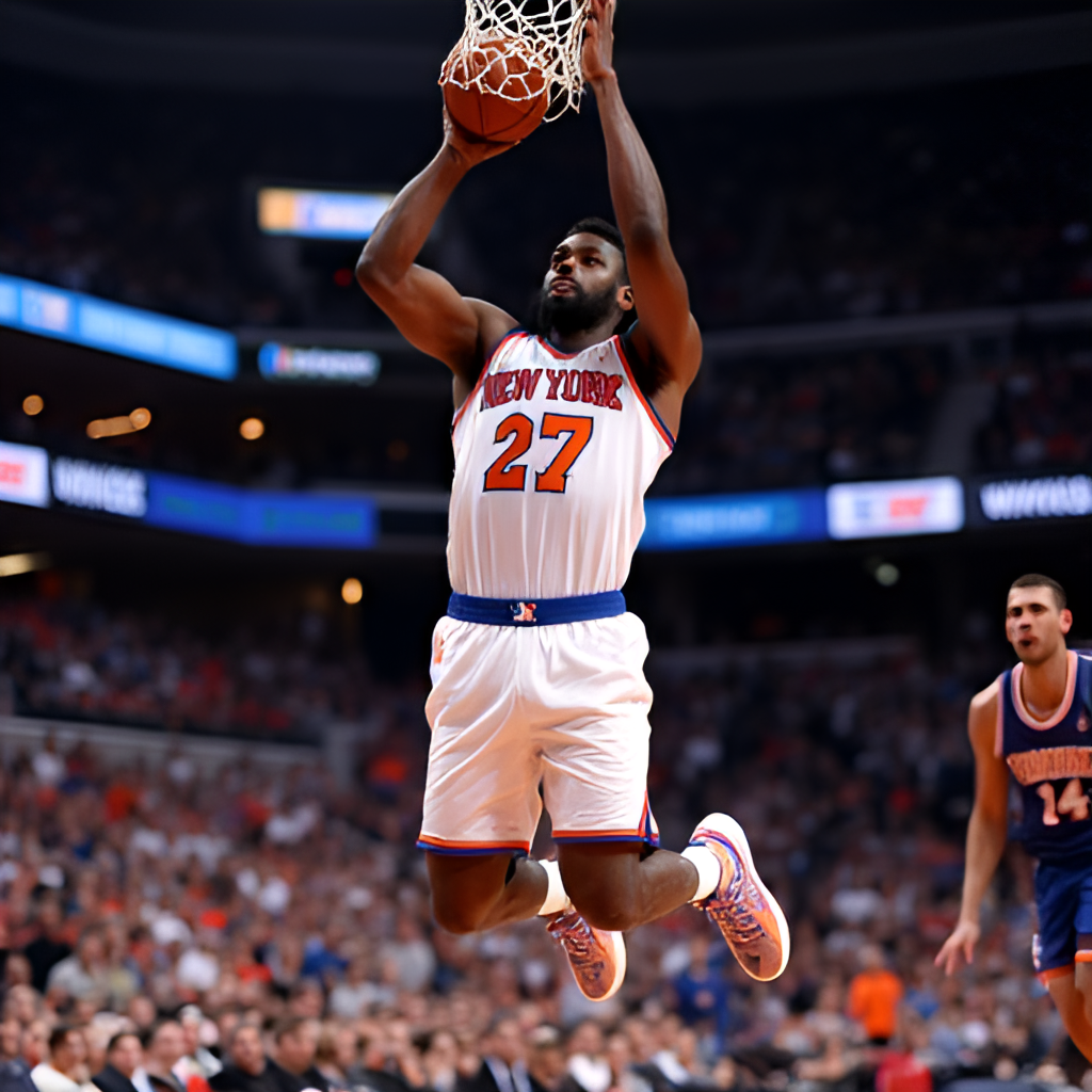 A dynamic action shot of Mitchell Robinson in a New York Knicks uniform, soaring for a block or a dunk during an NBA game. The image should convey his athleticism and defensive presence.