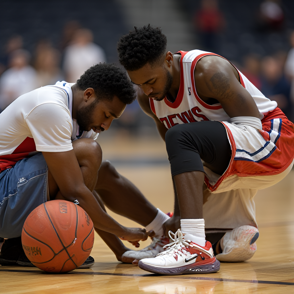 A photo illustrating the physical toll of basketball, perhaps showing an athlete receiving medical attention or undergoing rehabilitation exercises for an ankle injury, symbolizing the challenges faced by players like Mitchell Robinson.