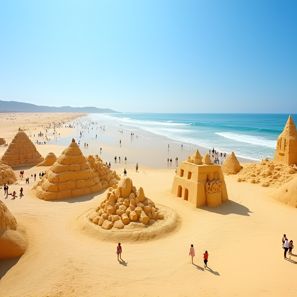 A wide shot capturing the vibrant atmosphere of the Fulong Sand Sculpture Art Festival on a sunny day, showing several large, detailed sand sculptures with visitors admiring them and the golden beach and blue ocean in the background.