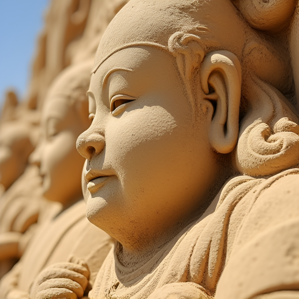 A close-up of a specific, highly detailed sand sculpture from the Fulong festival, showcasing intricate carving work on a character or scene, with sunlight highlighting the textures of the sand.
