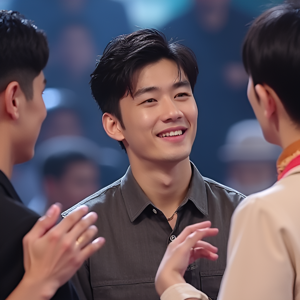A candid photo of Song Weilong on a variety show, showing a relaxed and perhaps slightly humorous expression, interacting with other cast members, capturing a moment of his real personality.