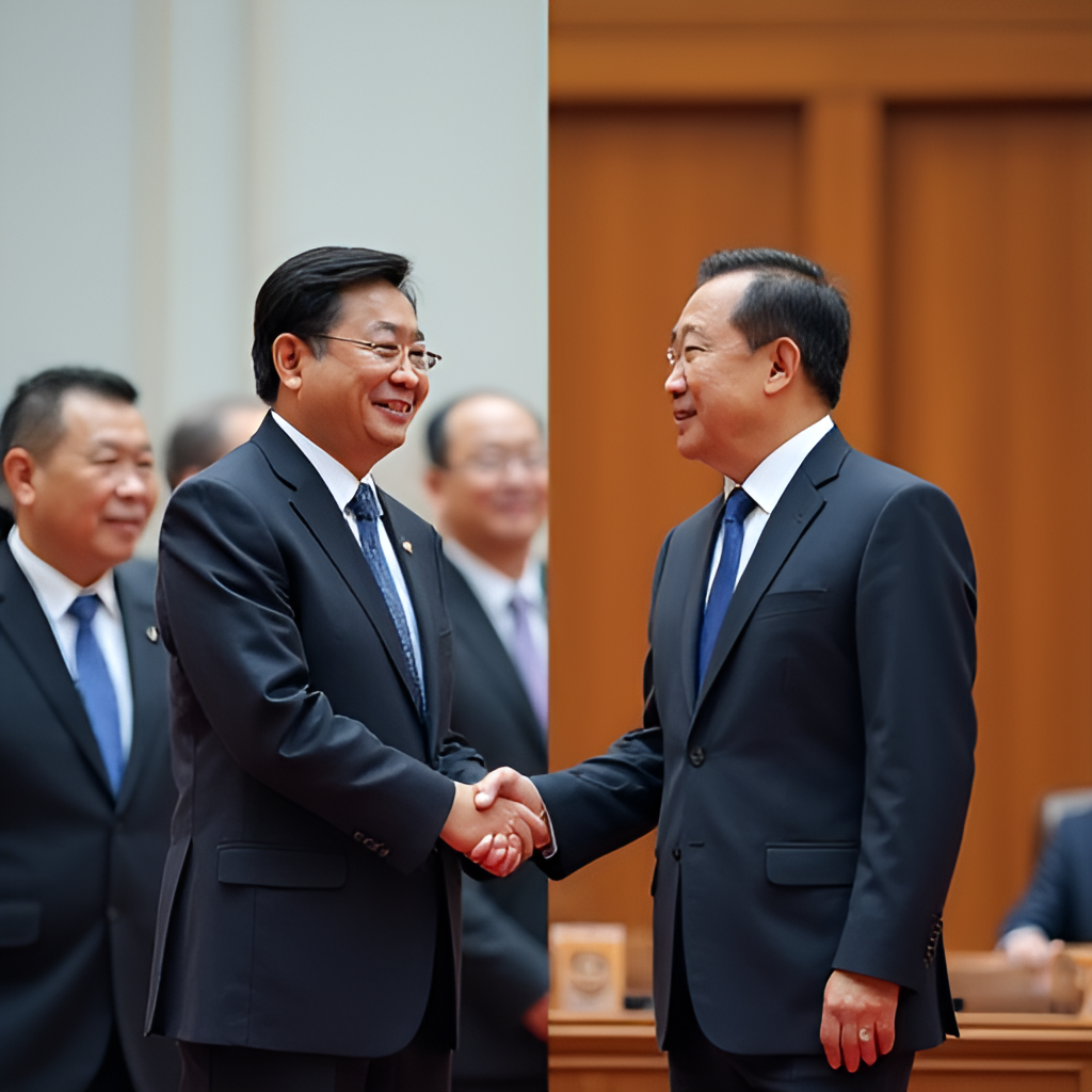 A split image showing Guo Zhihui in a business setting (perhaps shaking hands or giving a speech at a corporate event) on one side, and in a formal government setting (like a press conference or legislative hearing) on the other, symbolizing his transition from enterprise to government. Style: Semi-realistic, professional.