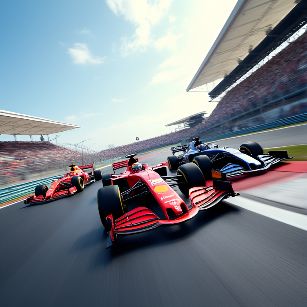 A dynamic wide shot of F1 cars racing on a track, showing speed blur and vibrant team colors. Emphasize the high-speed action and global nature of the sport.