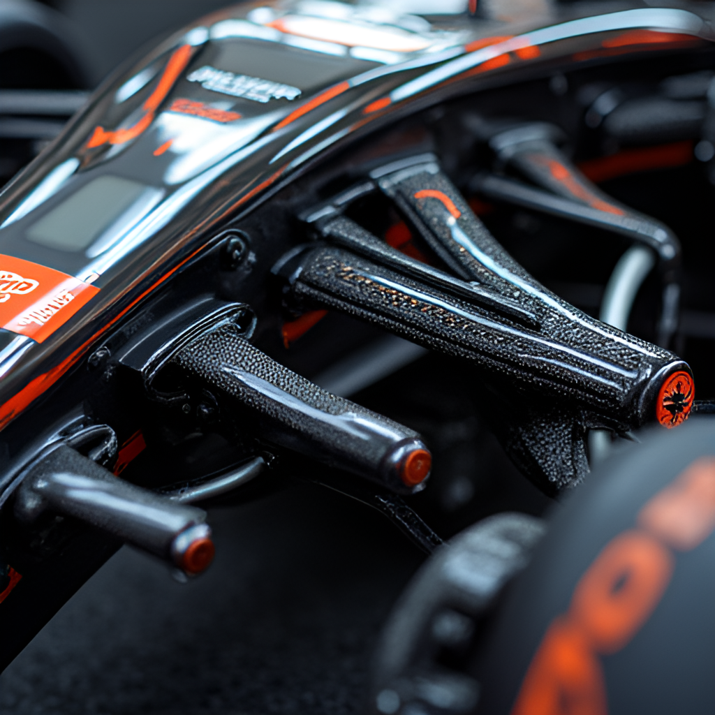 A detailed close-up of an F1 car's complex front wing or steering wheel, highlighting the advanced technology and engineering involved in the sport.