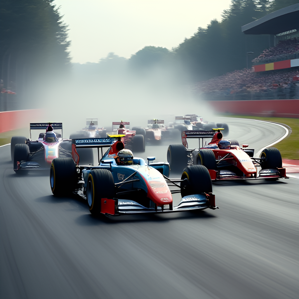 An exciting wide-angle shot of Formula 1 cars racing closely on a track, with spectators blurred in the background, conveying the speed and energy of the sport.
