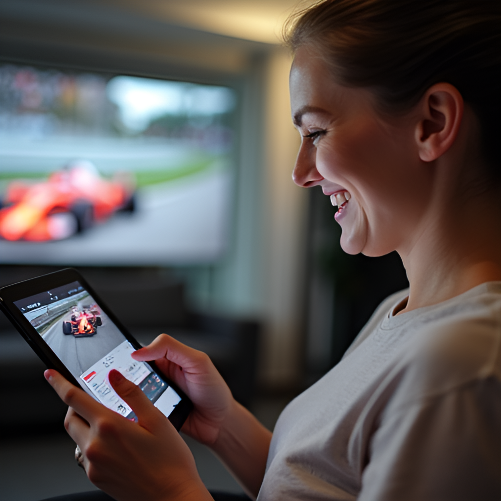 A person holding a tablet or phone, smiling while watching an F1 race stream, with a blurred living room or outdoor background, illustrating the convenience of watching F1 online on various devices.