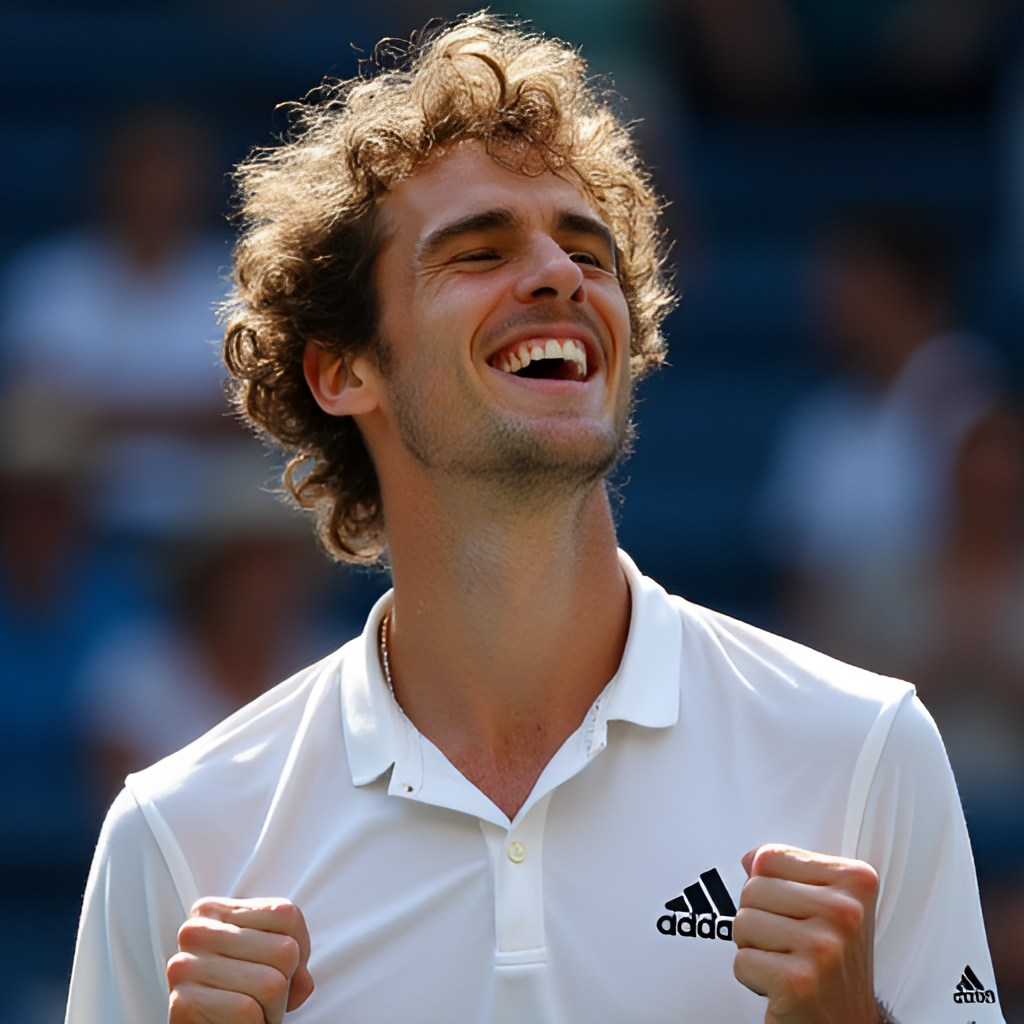 An image of Alexander Zverev celebrating a victory, perhaps after winning the Olympic gold medal or an ATP Finals title, showing his emotional side.