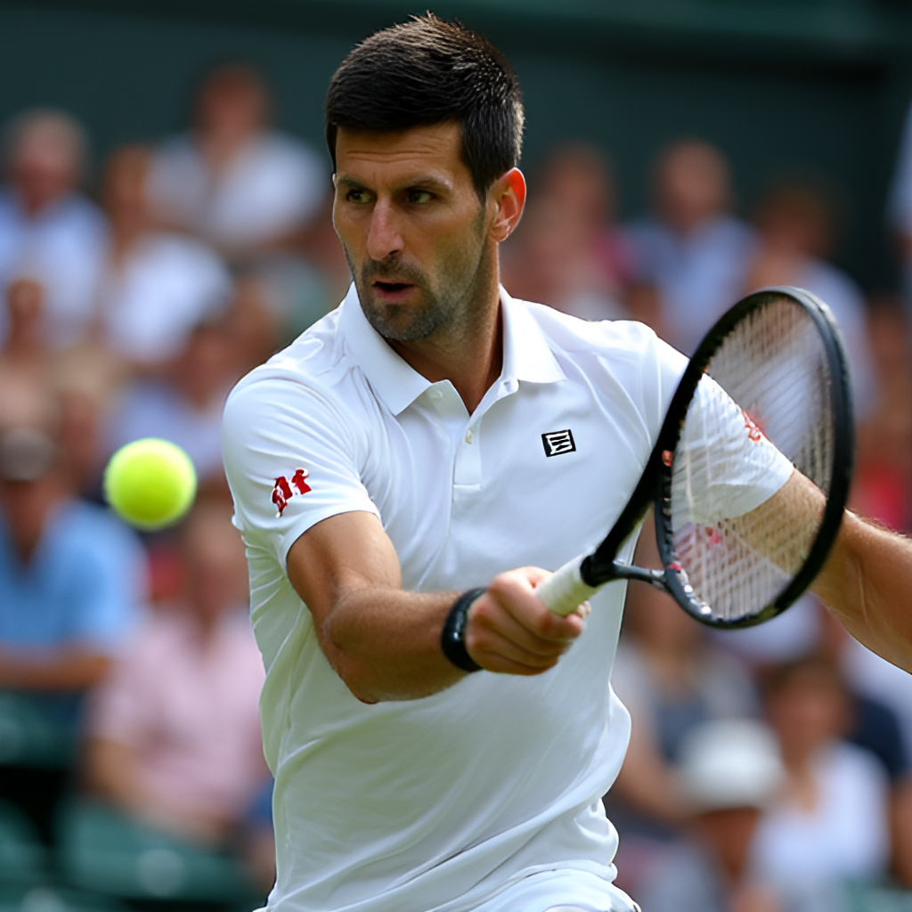A dynamic action shot of Novak Djokovic hitting a two-handed backhand on a tennis court during a match, with intensity and focus on his face, set against a blurred background of spectators.