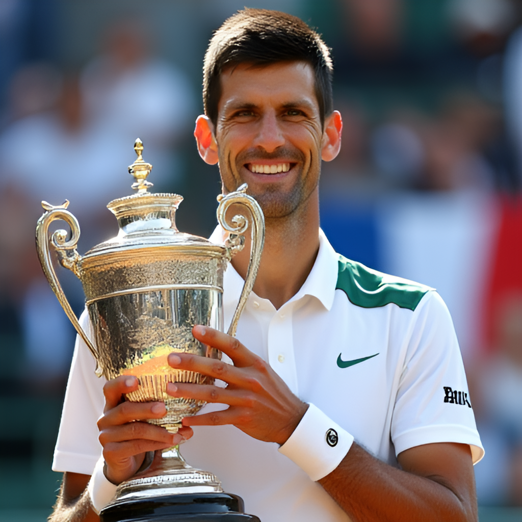 A portrait image of Novak Djokovic holding a Grand Slam trophy, smiling and looking determined, perhaps with a flag or stadium in the background.