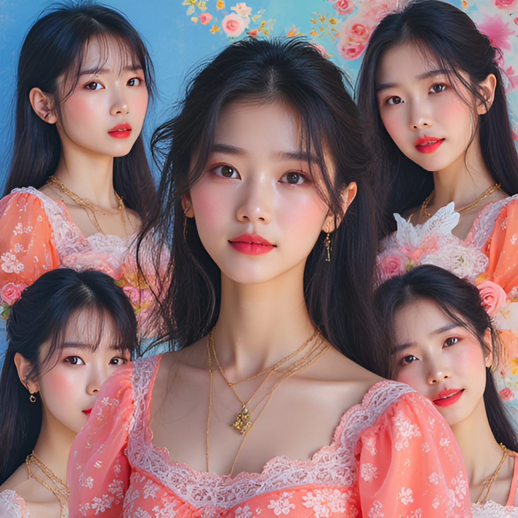 A vibrant photo collage showcasing Ju Jingyi's journey from her SNH48 idol days (stage performance, group photos) to her current status as an actress, with a mix of youthful and mature looks.