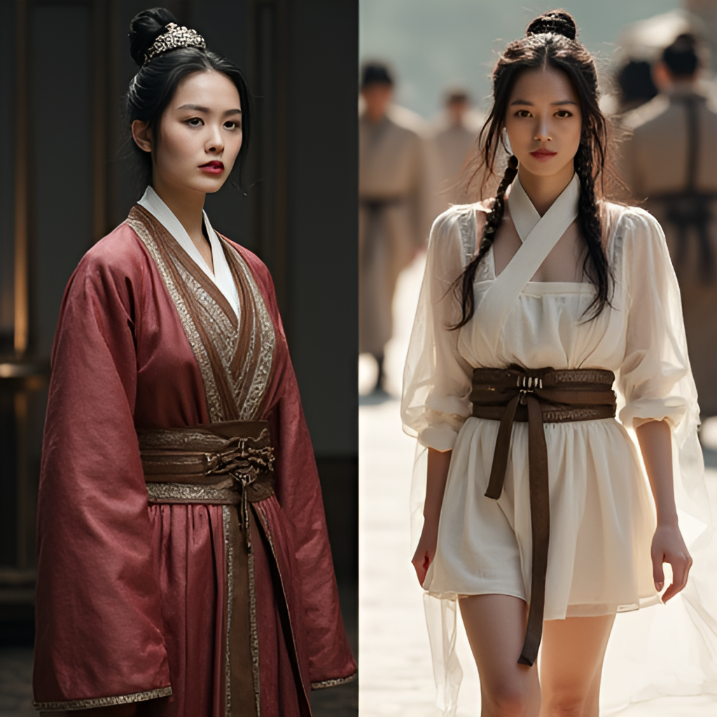 A split image, one side showing Ju Jingyi in a dramatic historical drama costume on set, looking focused, and the other side showing her in a stylish, modern outfit during a fashion event, highlighting her versatility.