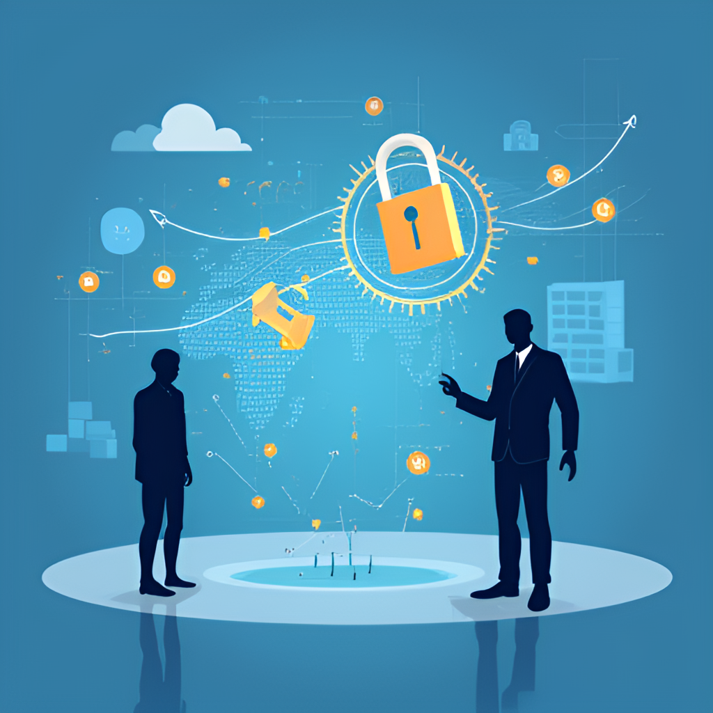 An illustration showing the concept of digital assets being transferred securely via blockchain technology, contrasted with a shadowy figure representing fraud, highlighting the need for secure and regulated platforms. Style should be clean and modern.
