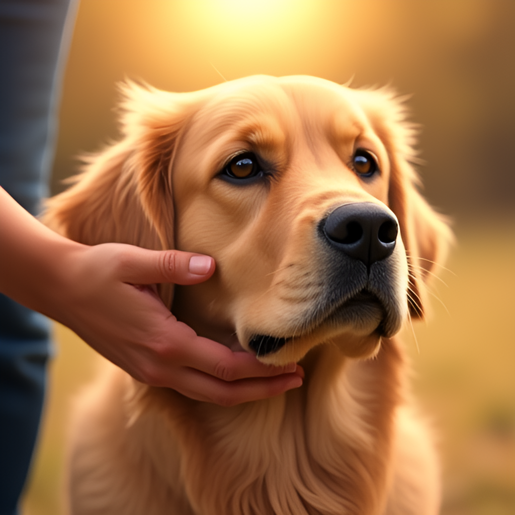 A warm, slightly melancholic photo illustration showing a person's hand gently petting a golden retriever. The background is softly blurred, perhaps hinting at a peaceful, private moment away from the public eye.