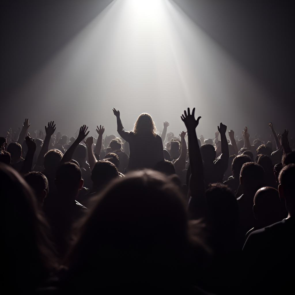 A photo realistic image of a concert venue packed with audience members raising their hands, with a stage light casting a spotlight on a figure (artist not clearly visible to emphasize focus on the crowd experience), conveying the energy and connection of a live performance.