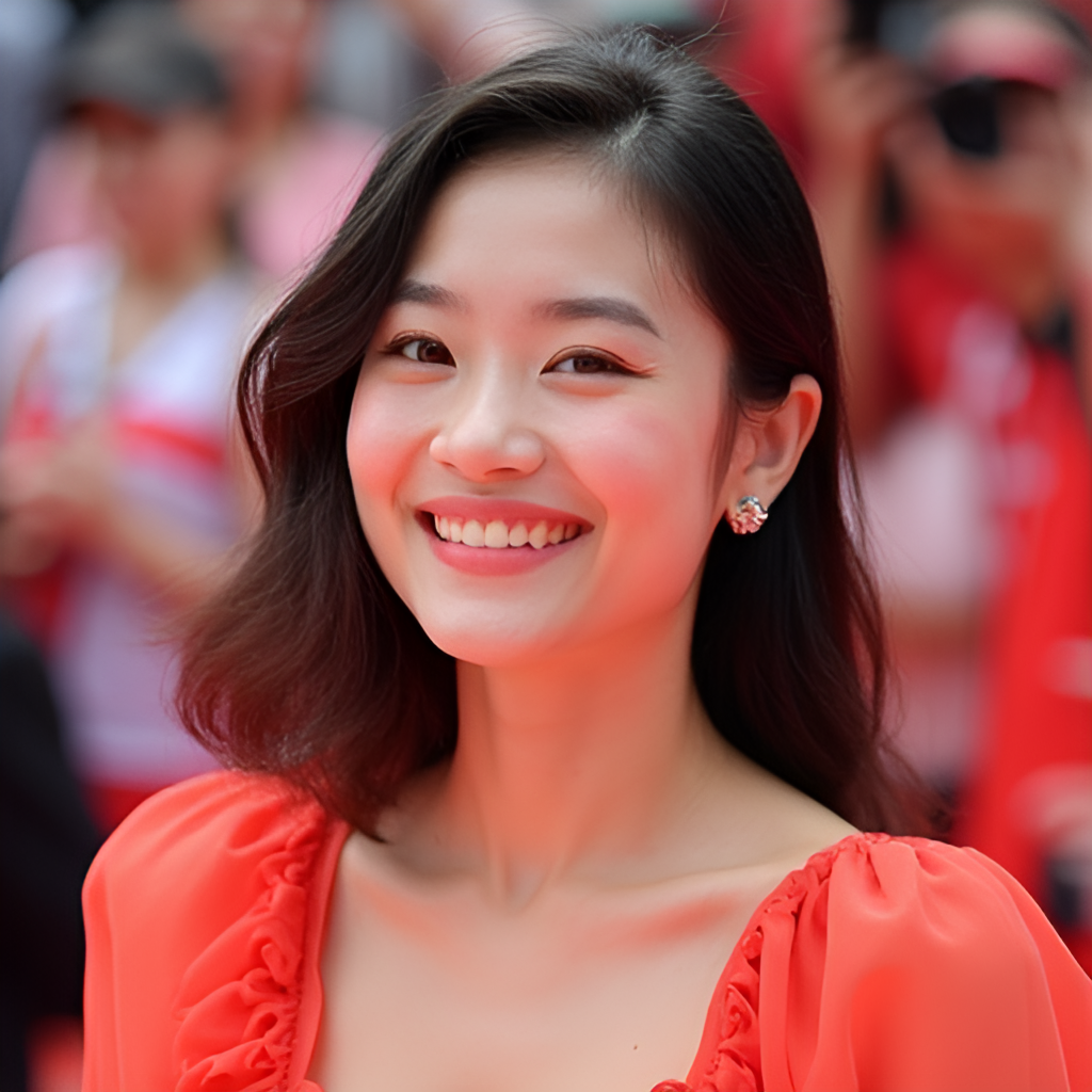 A vibrant portrait of Tang Yixin smiling warmly, possibly on a red carpet or promotional event, conveying her signature sweet and cheerful image.