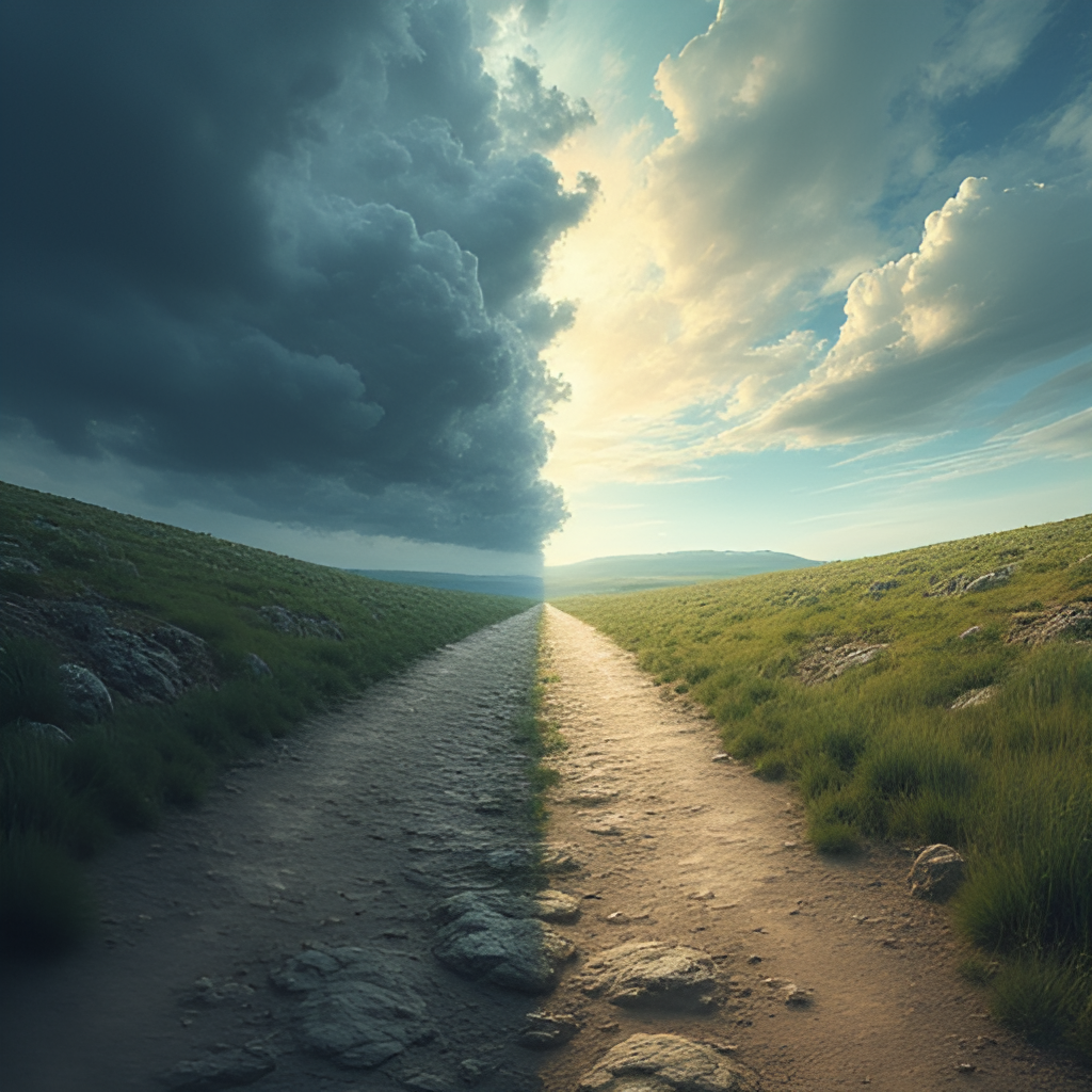 A split image showing two paths: one side is dark and rocky with storm clouds, representing the path of revenge and unforgiveness; the other side is lighter with softer colors and a distant horizon, symbolizing the possibility of letting go or seeking peace. Style is illustrative or metaphorical.