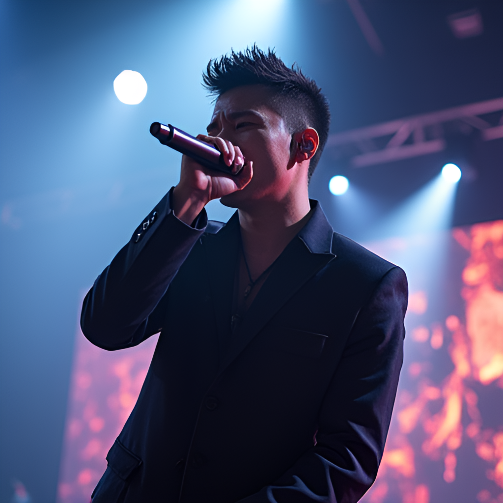 A dynamic, close-up shot of JJ Lin performing on stage, passionately singing into a microphone with dramatic lighting and perhaps some visual effects on screen behind him, conveying his energy and vocal prowess.