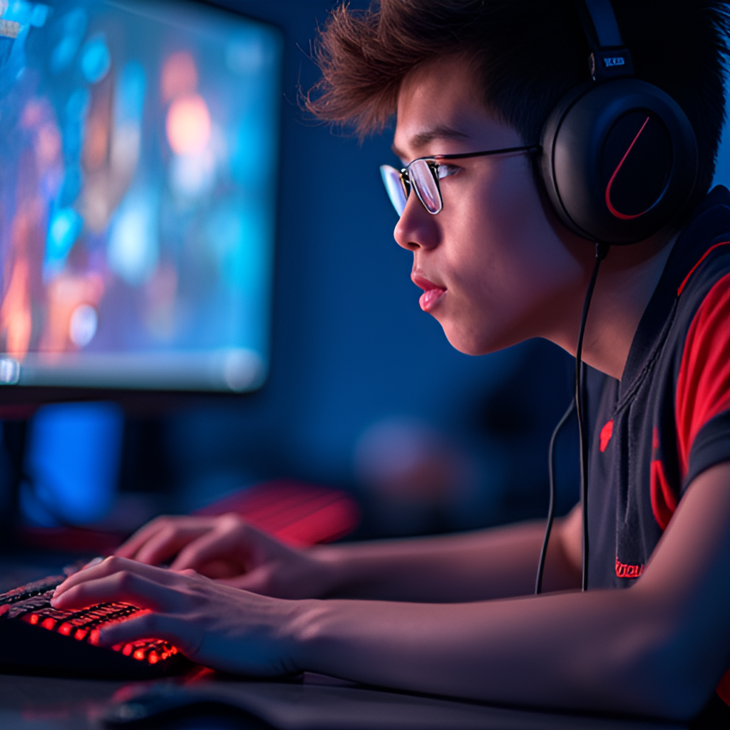 A close-up, action-packed shot of a professional League of Legends player intensely focused on their computer screen during an LCK match, showing their hands on the keyboard and mouse, with vibrant game visuals reflected in their eyes or on the screen