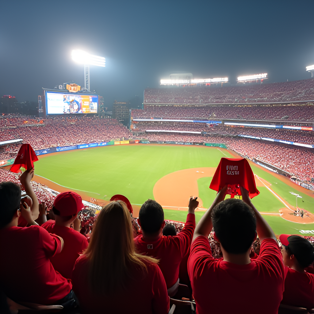 A lively scene from inside Tianmu Baseball Stadium during a baseball game, focusing on the vibrant crowd in the stands with fans cheering and holding support towels, showing the energetic atmosphere.