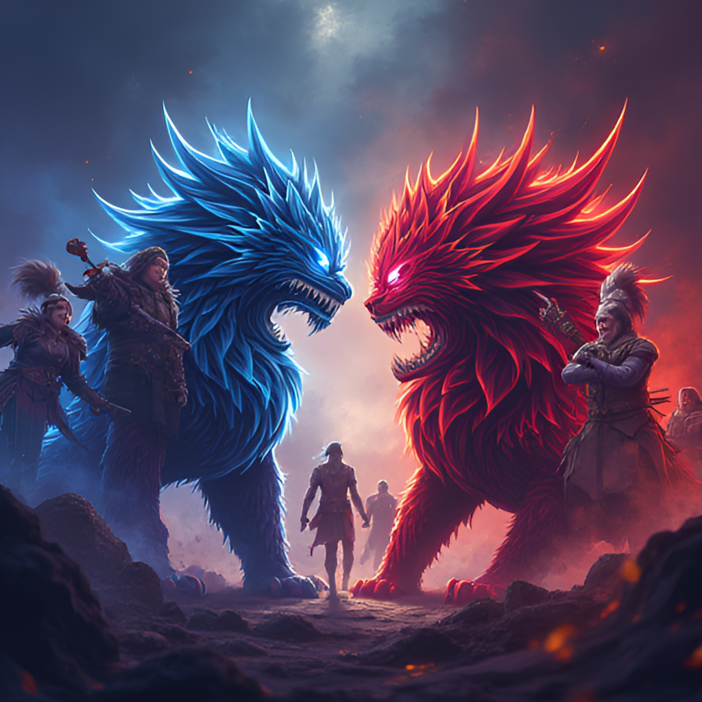 Illustration of the T1 and KT Rolster team logos facing off, with League of Legends champions in the background, representing their rivalry