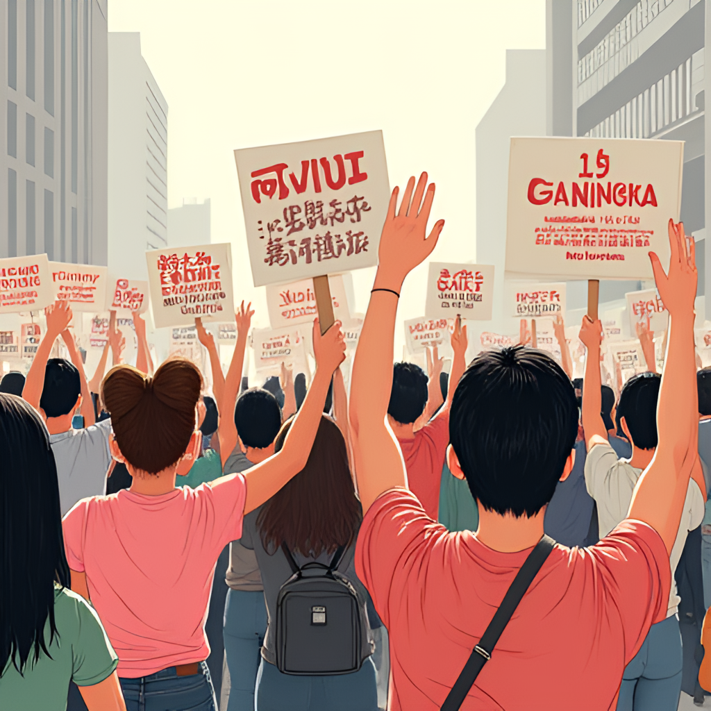 An illustrative image showing a diverse group of people holding hands or signs related to gender equality or social justice, perhaps in a street or public space, representing the social movements Lin Liang-chun has been involved in.