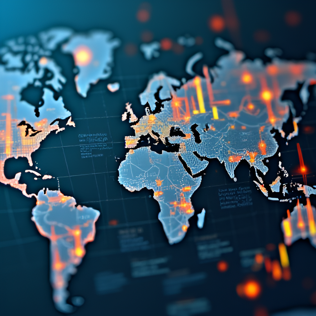 A dynamic image showing oil market data charts and graphs overlaid with icons representing geopolitical factors like flags and news headlines, conveying the complexity of international oil price influences.