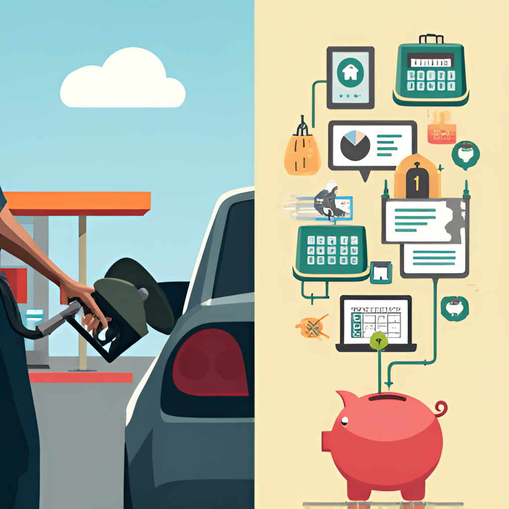 A split image or collage showing a person filling up a car at a gas station on one side, and icons representing smart financial planning, like a piggy bank or calculator, on the other, symbolizing saving money on fuel.