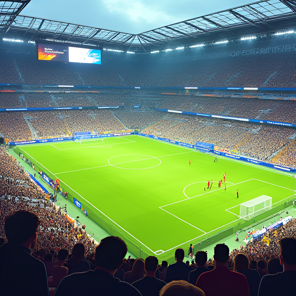 A high-angle view photo illustration of a football match between Flamengo and Chelsea at a packed stadium during the FIFA Club World Cup, showing players in action on the field with diverse fans in the stands.
